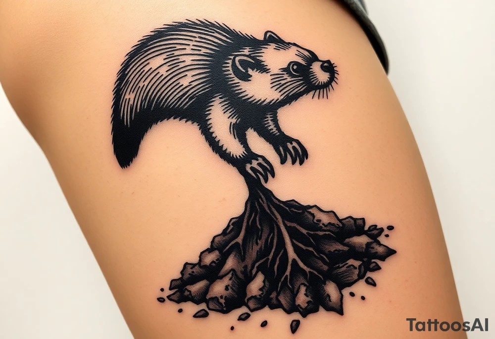 A highly detailed black mole emerging from the earth, with rich brown soil textures and tiny roots, symbolizing perseverance and hidden strength tattoo idea