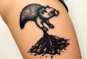 A highly detailed black mole emerging from the earth, with rich brown soil textures and tiny roots, symbolizing perseverance and hidden strength tattoo idea