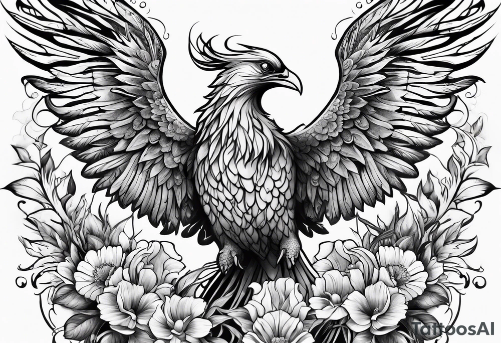 Half sleeve with phoenix and flowers with decorations down on the hand tattoo idea