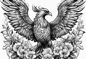 Half sleeve with phoenix and flowers with decorations down on the hand tattoo idea
