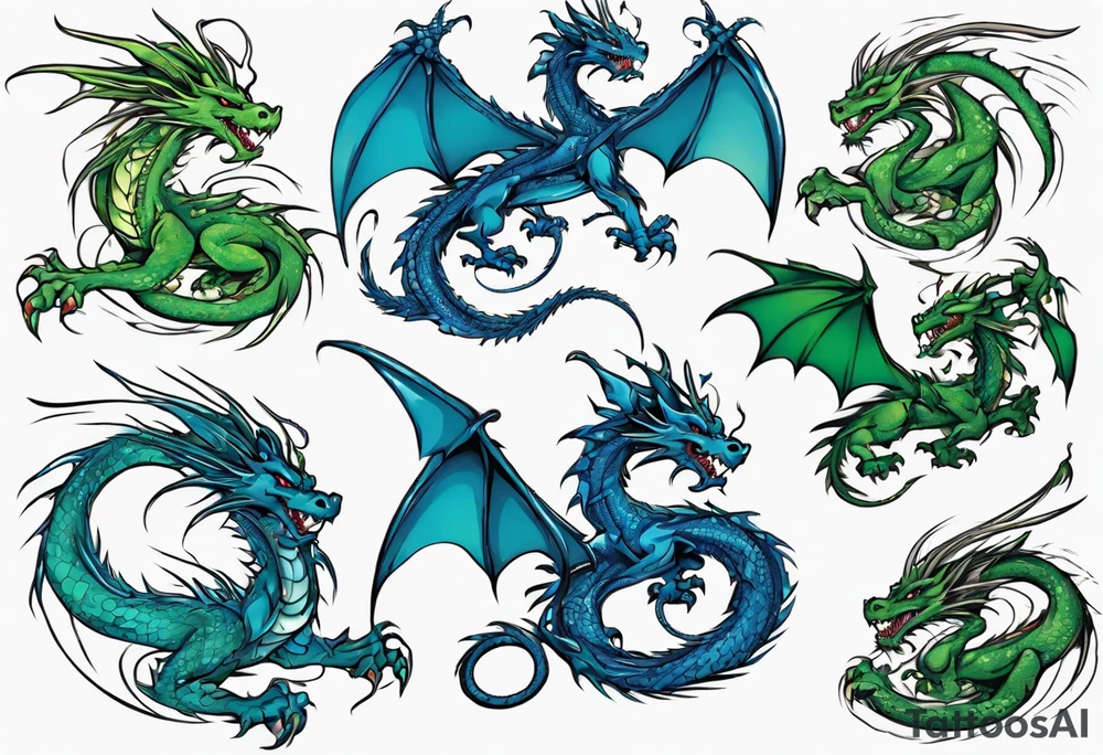 blue dragon tangled with a green dragon tattoo idea