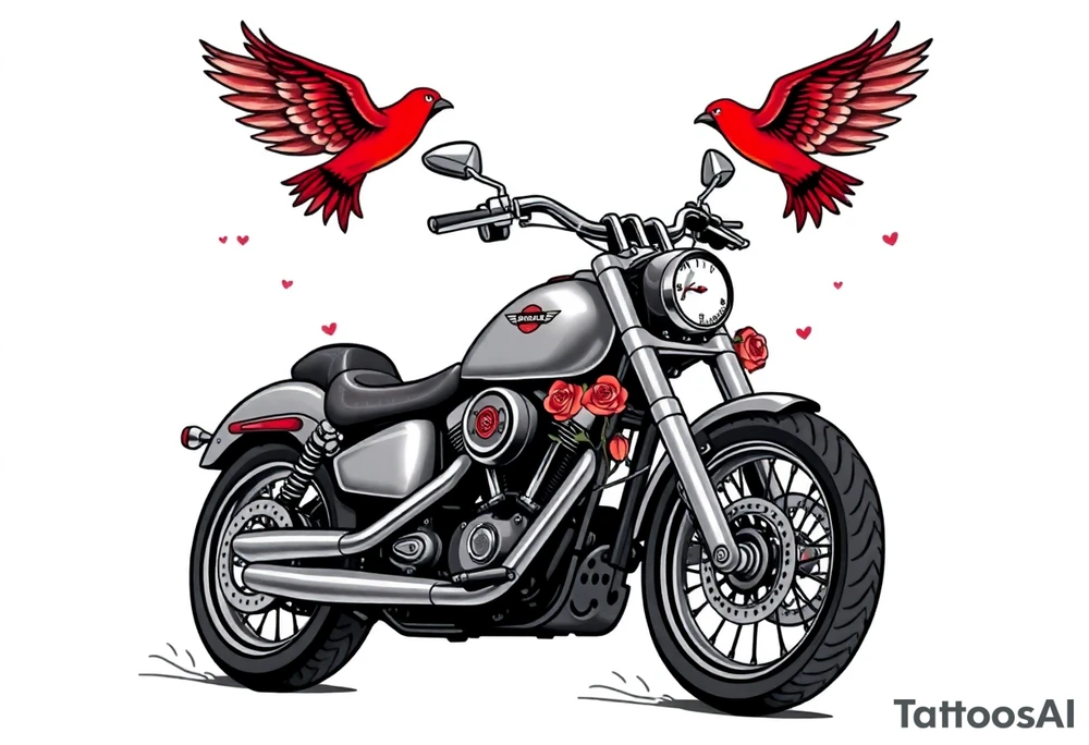Harley grey motorcycle driving away, two red birds flying, roses, flames, angel wings tattoo idea