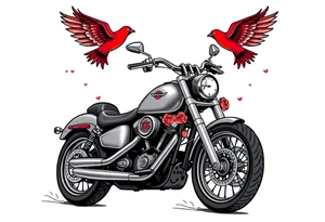 Harley grey motorcycle driving away, two red birds flying, roses, flames, angel wings tattoo idea