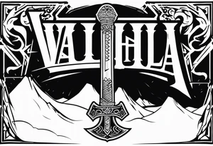 Valhalla 
 sword stairs axe mist fog tattoo idea