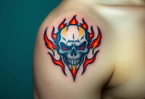 A fierce skull with the iconic Metallica "M" etched into it, surrounded by flames in shades of orange and red, symbolizing the band's fiery intensity. tattoo idea