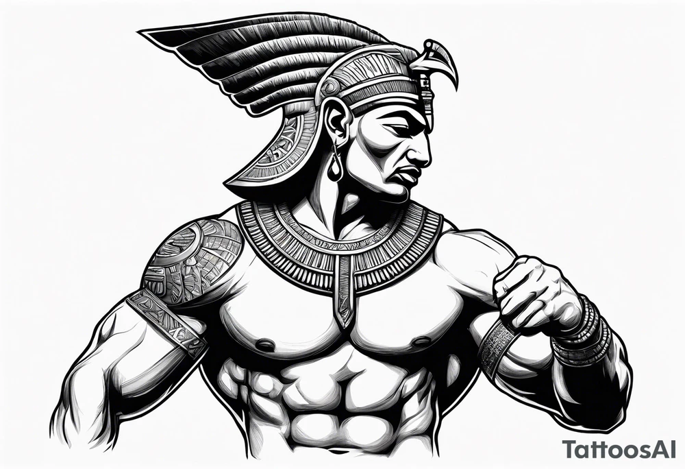 egyptian warrior in profile with muscles, a sword in his hand and screaming face tattoo idea