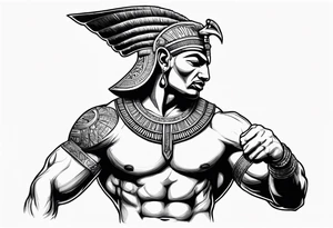 egyptian warrior in profile with muscles, a sword in his hand and screaming face tattoo idea