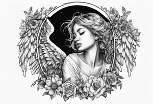 crying broken angel on swing add flowers around tattoo idea