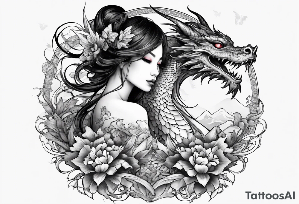 fairy and a dragon in the background tattoo idea