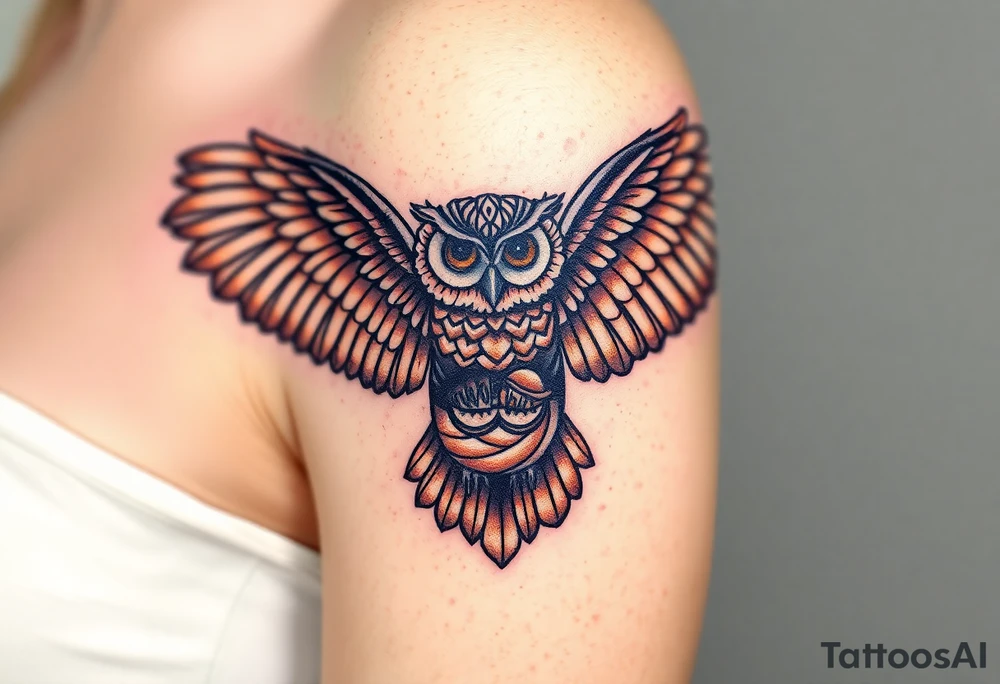 A mother owl spreading her wings over her baby, with intricate feather detailing in deep brown and golden hues, symbolizing wisdom and protection tattoo idea