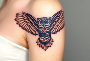 A mother owl spreading her wings over her baby, with intricate feather detailing in deep brown and golden hues, symbolizing wisdom and protection tattoo idea