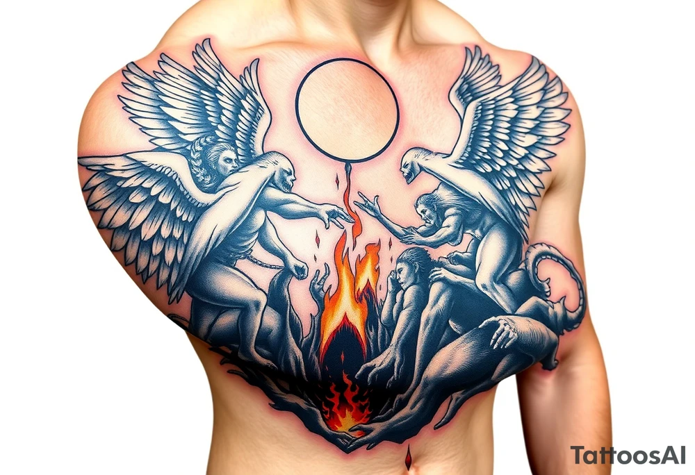 Heaven’s angels fighting hells demons. Angels flying and demons climbing up out of hell tattoo idea