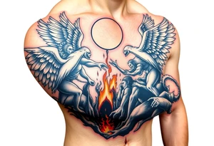 Heaven’s angels fighting hells demons. Angels flying and demons climbing up out of hell tattoo idea