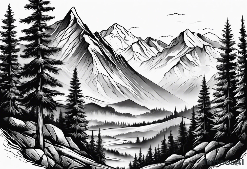 Mountains valley trees tattoo idea