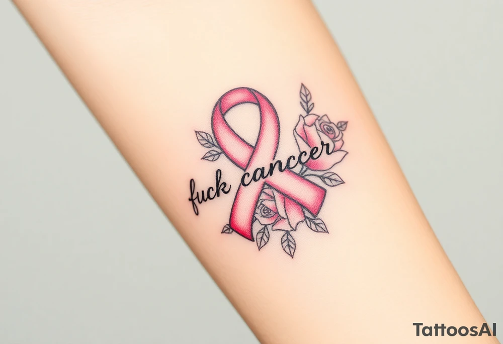 Pretty light pink Cancer ribbon that says "fuck cancer"with roses tattoo idea