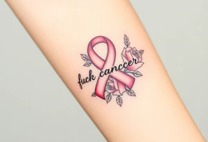 Pretty light pink Cancer ribbon that says "fuck cancer"with roses tattoo idea