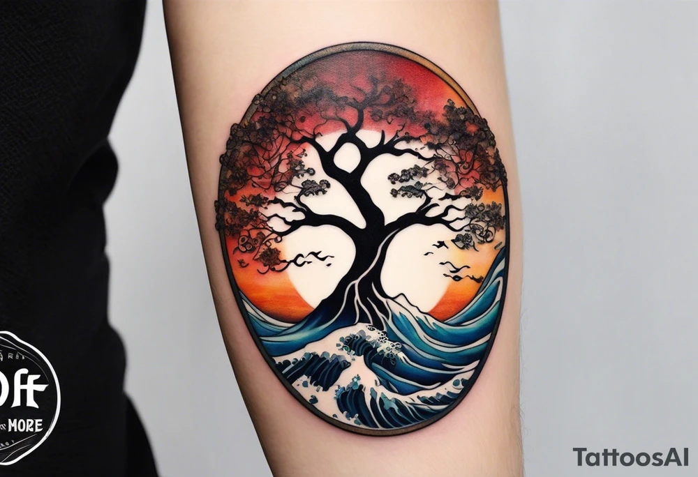 an abstract Tree of Life tattoo. It should have roots growing out of the bottom. The roots slowly turn into water from the Great Wave by Hokusai. A golf flag should be placed discreetly growing out of the ground. 2 license plate tags should be hanging from the tree. Place a few music notes in the areas the leaves should be. The letters A U should be engraving into the tree trunk in a heart. Black and white only. tattoo idea
