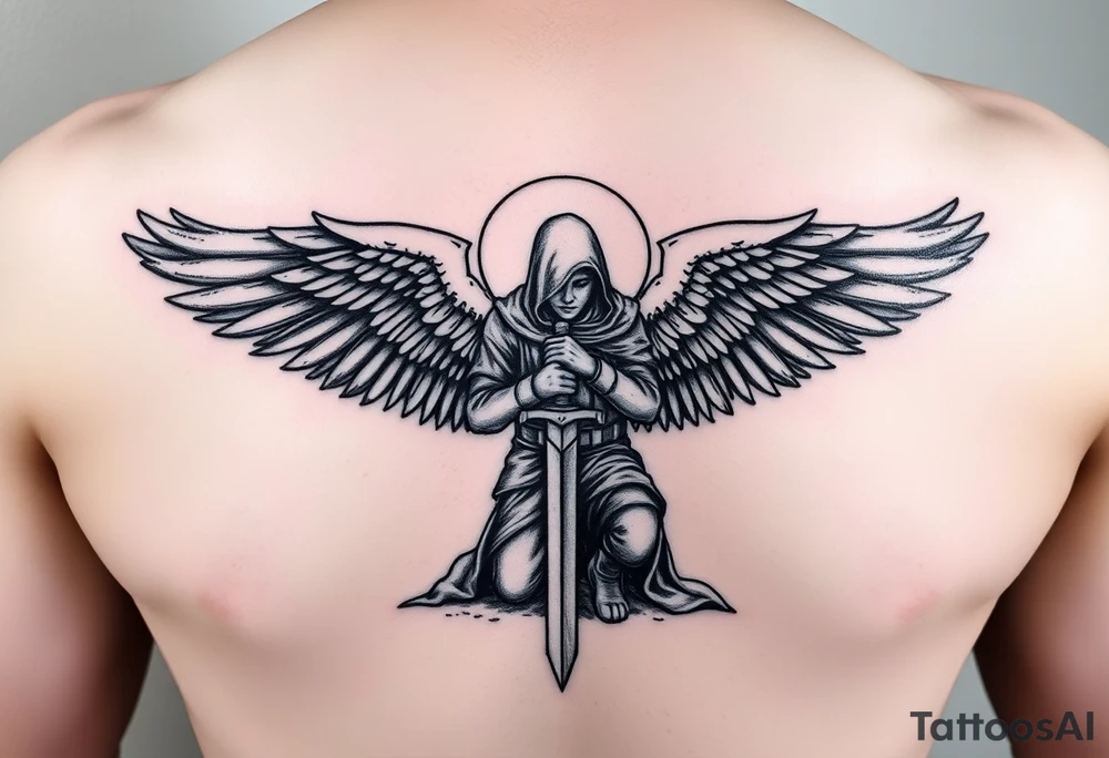 Soldier Angel with long sword kneeling looking down cloak over head wings spread tattoo idea tattoo idea