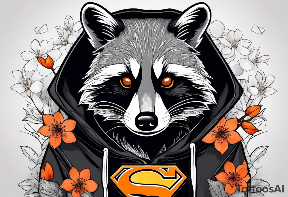 Raccoon wearing a white Superman logo on a black hoodie and orange Japanese cherry blossoms beside tattoo idea