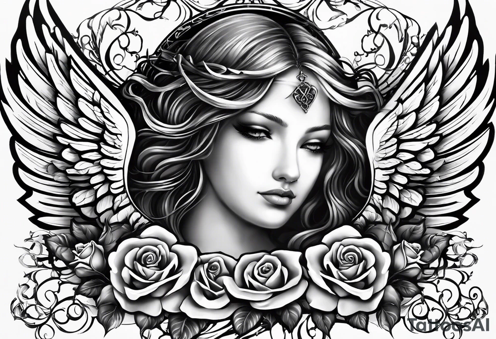 Angel wing with I’ll miss your fever, roses, heaven gates, 120770 tattoo idea