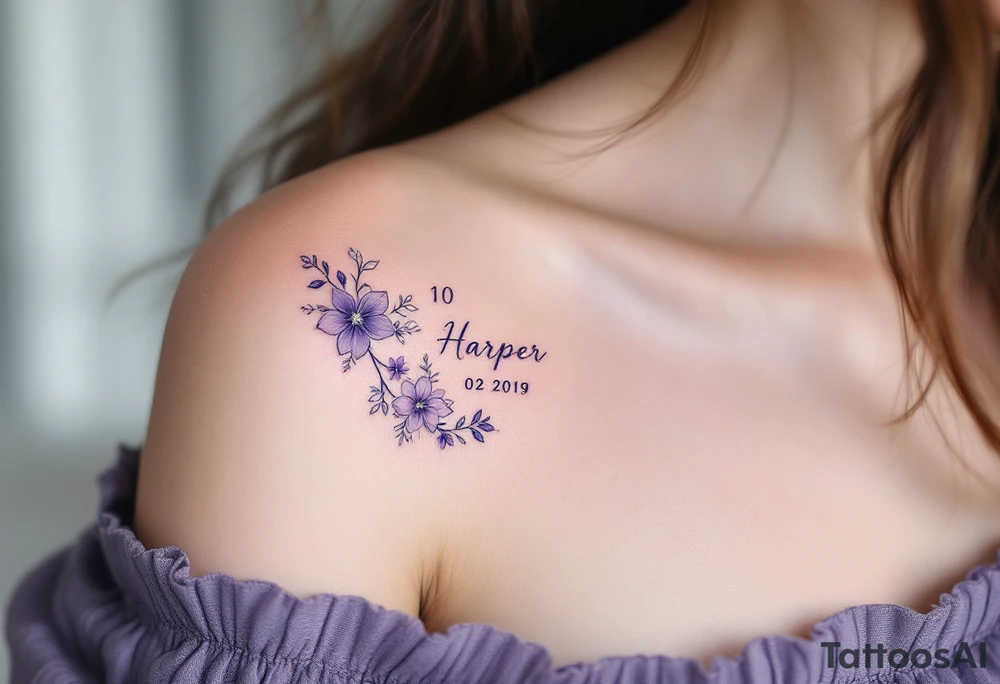 Hana 10. 02. 2019) – Soft violet and lilac flowers winding around Harper's birthdate, with subtle silver details. tattoo idea
