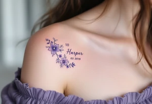 Hana 10. 02. 2019) – Soft violet and lilac flowers winding around Harper's birthdate, with subtle silver details. tattoo idea