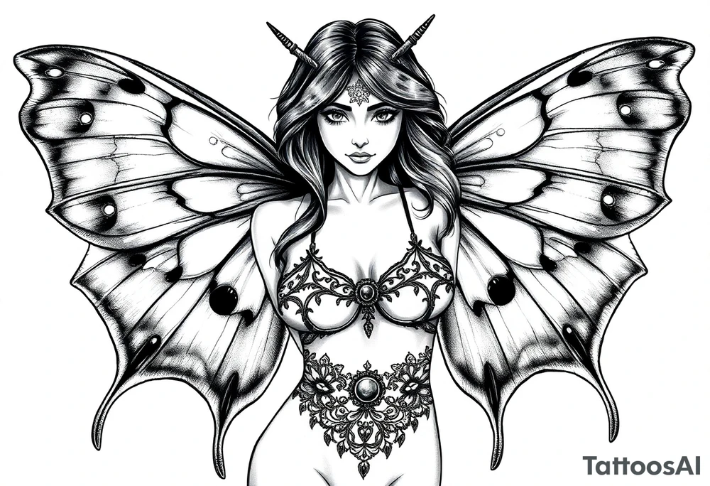 ethereal lunar moth resemblance powerfully sexy depiction of the goddess estate nude full frontal with exotic erotic lingerie orgasmic stare realistic tattoo idea