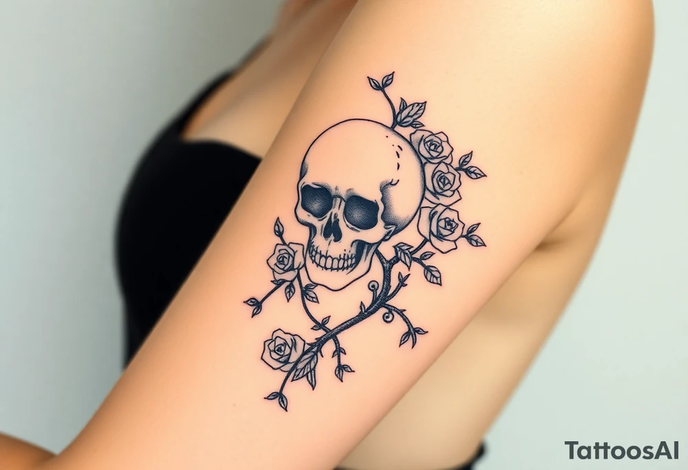 gothic skull intertwined with climbing roses and thorny vines tattoo idea
