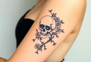 gothic skull intertwined with climbing roses and thorny vines tattoo idea
