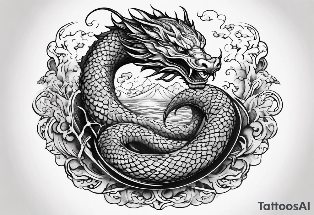 Jormungandr wrapped around Yggdrasil with water enveloping tattoo idea