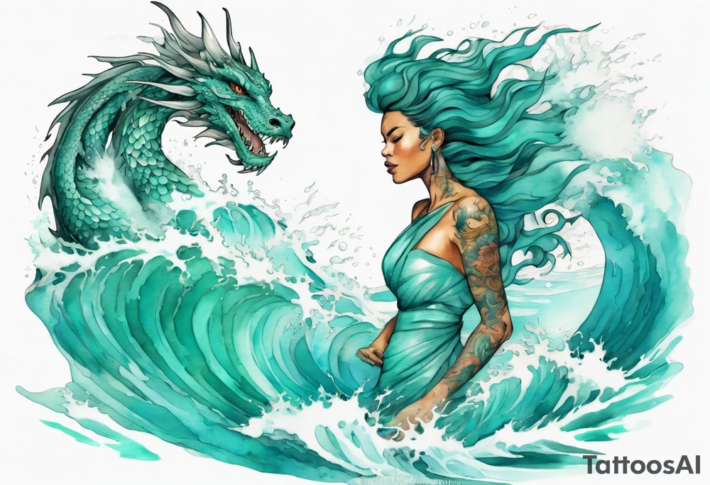 a beautiful turquoise dragon woman emerging from an ocean wave, crashing onto the shore tattoo idea
