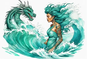a beautiful turquoise dragon woman emerging from an ocean wave, crashing onto the shore tattoo idea