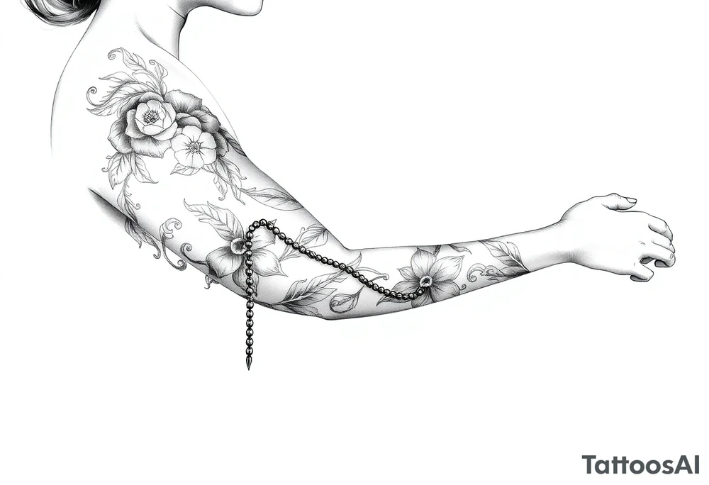 Woman praying with rosary tattoo idea