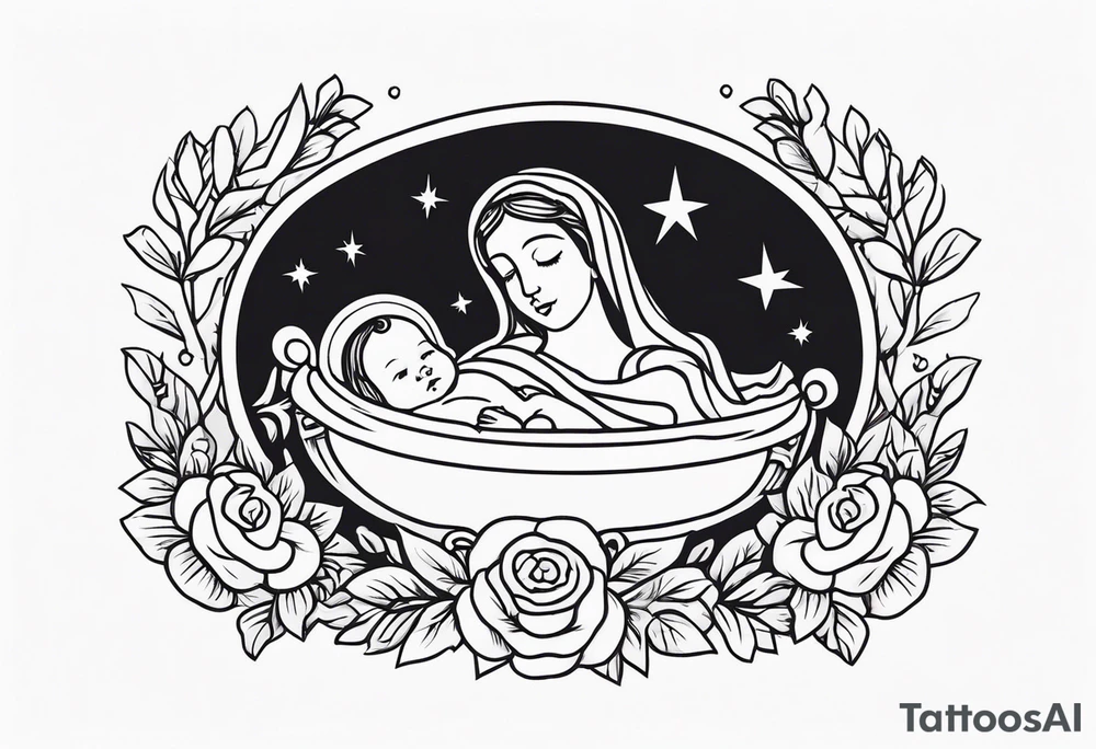 baby jesus in manger

old school vintage simple traditional design with vintage flowers surrounding it bold color simple tattoo idea