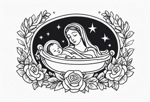 baby jesus in manger

old school vintage simple traditional design with vintage flowers surrounding it bold color simple tattoo idea