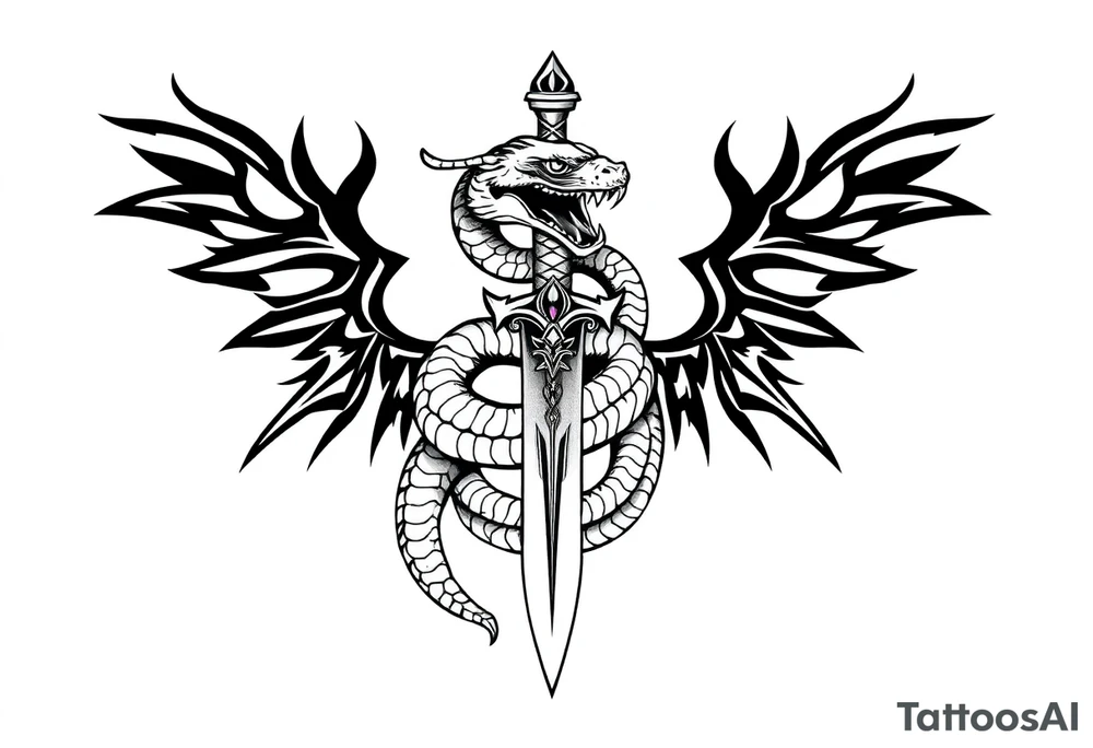 mystical snake coiled around an ancient dagger with jeweled hilt tattoo idea