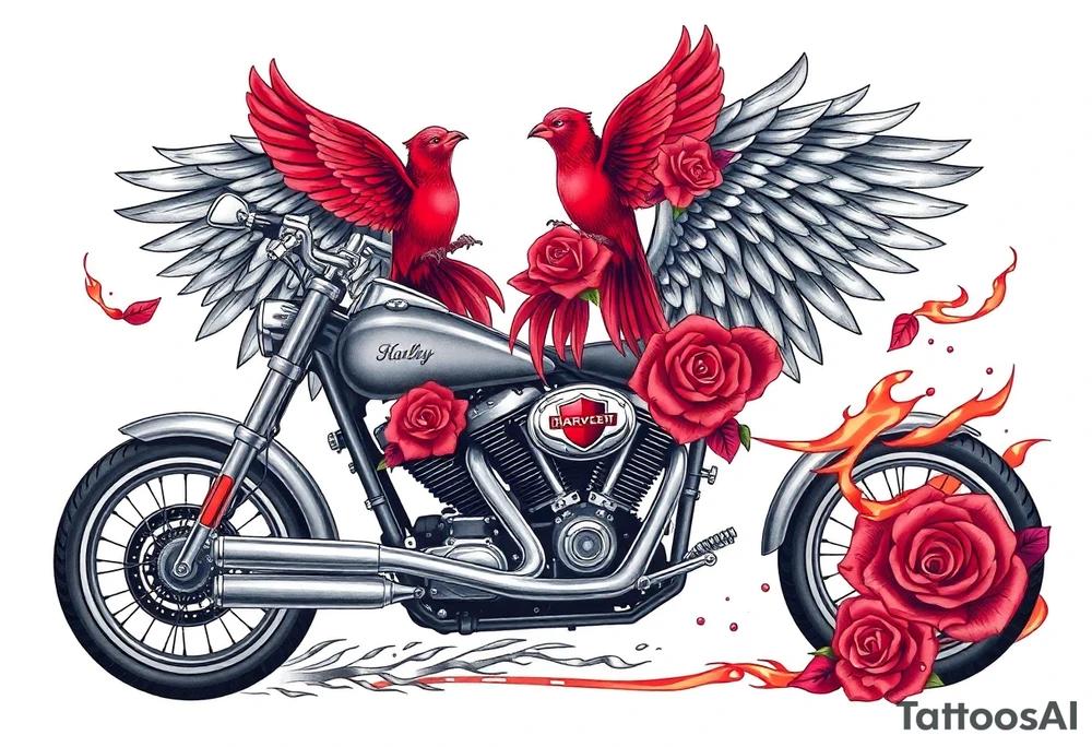Harley grey motorcycle driving away, two red birds flying, roses, flames, angel wings tattoo idea