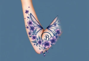 Full tattoo peace symbol, dog prints, Pisces symbol, intertwined with violets, amethyst, initials csb in cursive font tattoo idea