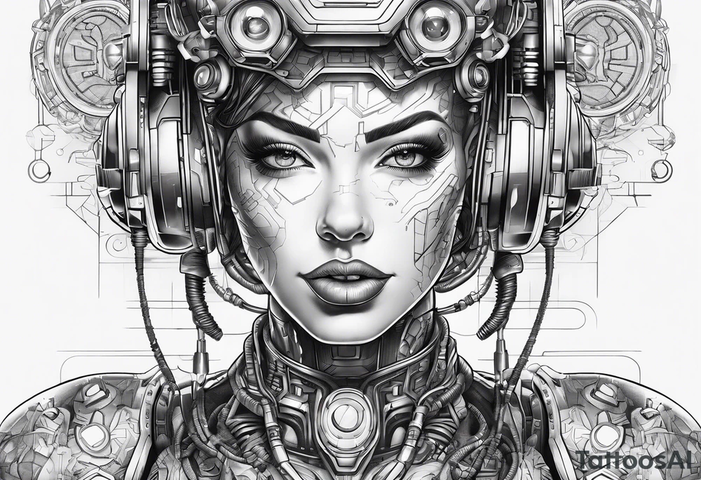 cyborg full bopdy female pinup retro futurism, robot with human parts tattoo idea