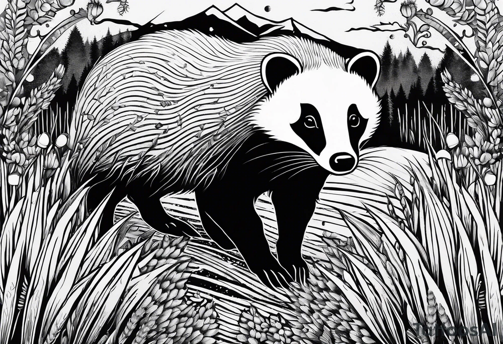 A trippy black and white tattoo of a badger, flowers, a field of wheat, forest and fractals tattoo idea