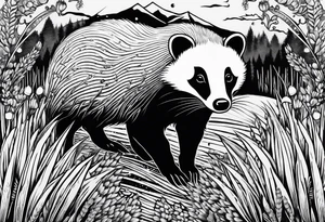 A trippy black and white tattoo of a badger, flowers, a field of wheat, forest and fractals tattoo idea