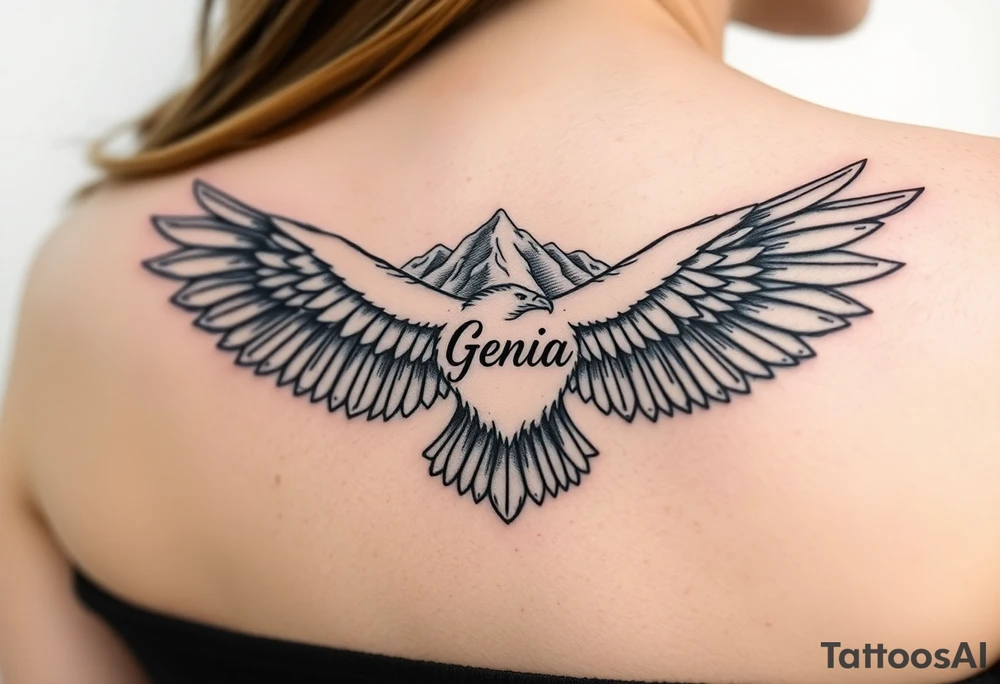 majestic eagle spreading wings against mountain peaks with name Genia in it tattoo idea