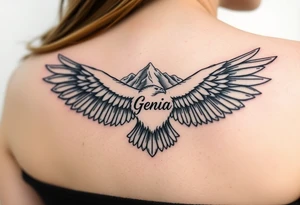 majestic eagle spreading wings against mountain peaks with name Genia in it tattoo idea