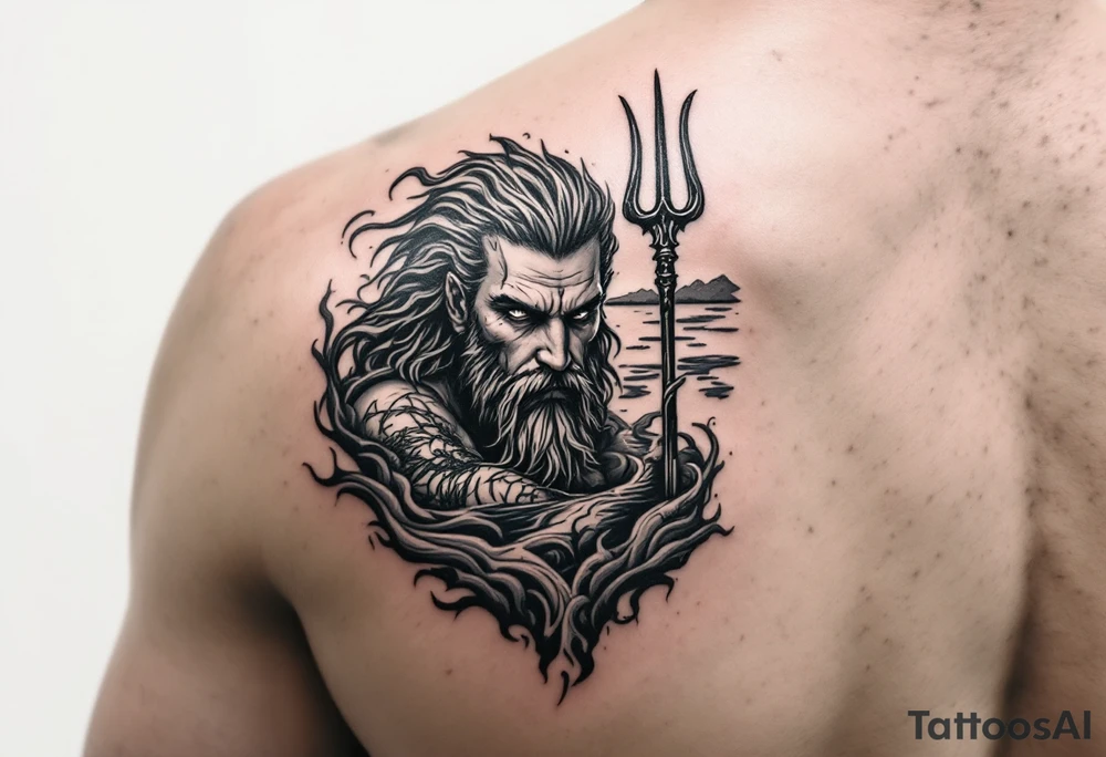 fit poseidon, with trident, in water, looking at the horizon tattoo idea