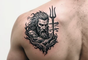 fit poseidon, with trident, in water, looking at the horizon tattoo idea