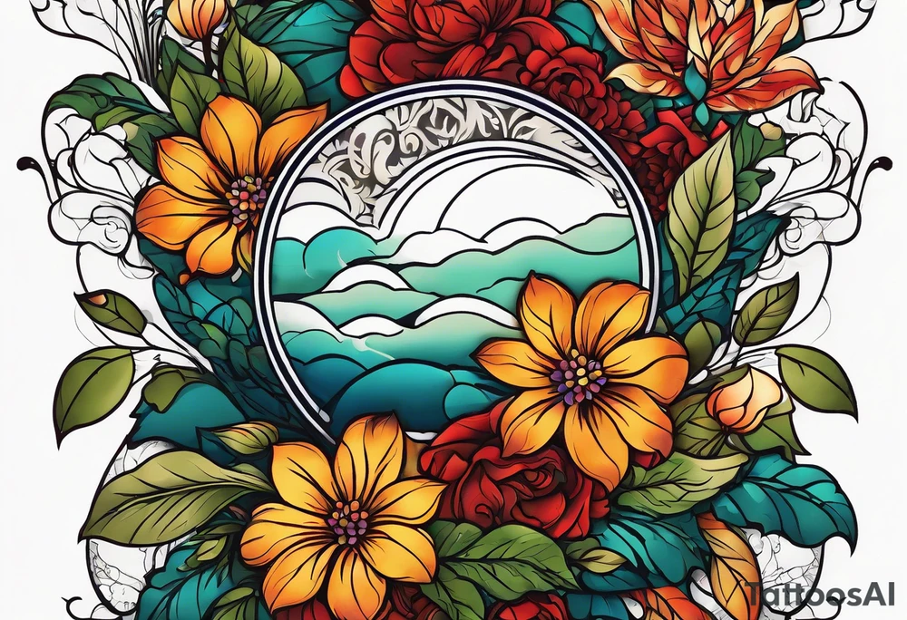 arm sleeve with fall colors, flowers, water, leaves and various shapes tattoo idea