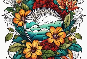 arm sleeve with fall colors, flowers, water, leaves and various shapes tattoo idea
