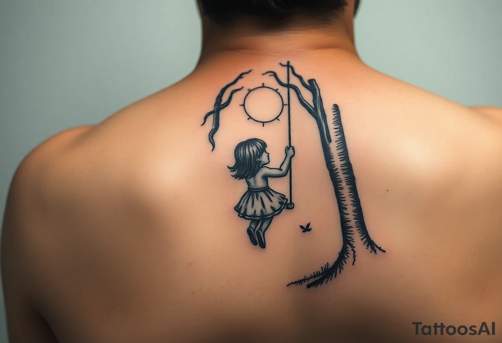 Little girl swinging in dark forest with the sun coming up but hasn’t reached her yet on arm tattoo idea