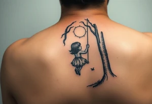 Little girl swinging in dark forest with the sun coming up but hasn’t reached her yet on arm tattoo idea