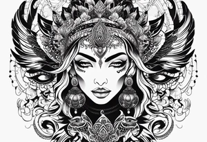 kali ma, alien goddess, valkrye, aries, cosmic pirate, divine feminine, zenza resonance, pachamama, lotus azul, blank panther, eagle, skull, 5D, nueva gaya, dna 12, left side chest tatoo tattoo idea